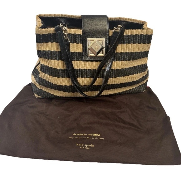 Kate spade Handbag Satchel Straw Leather Shoulder Bag Black Camel Striped - Picture 1 of 14